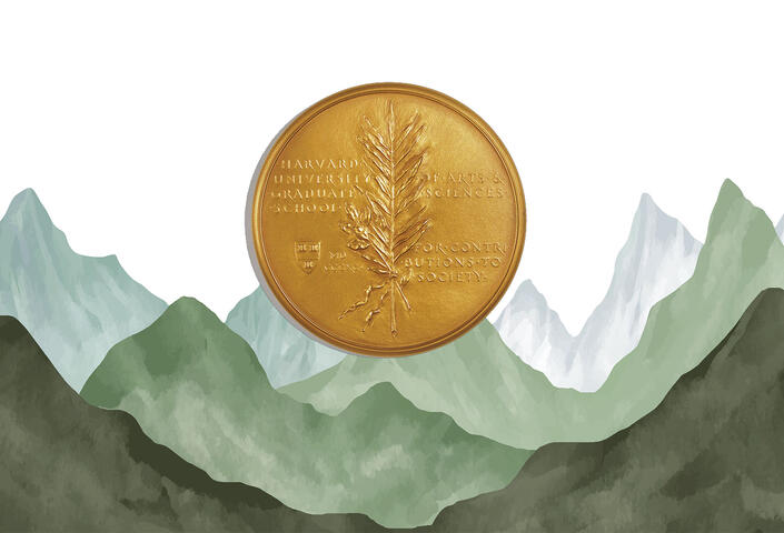 green watercolors in shape of mountains with Centennial Medal emblem over it