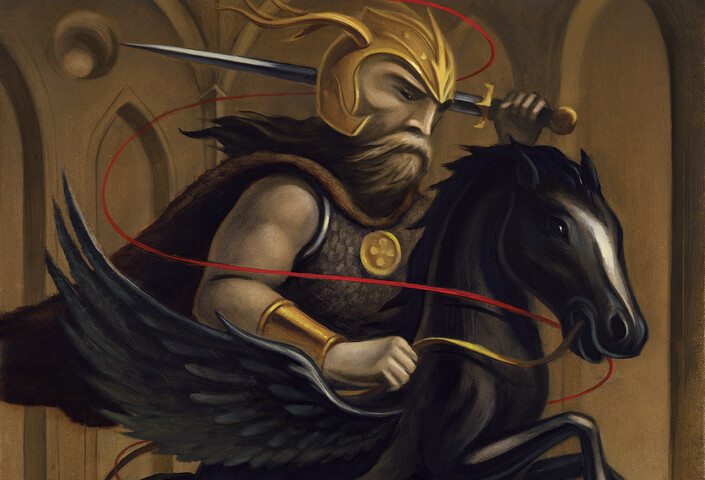 A warrior on a winged horse springs from a book written by a medieval monk