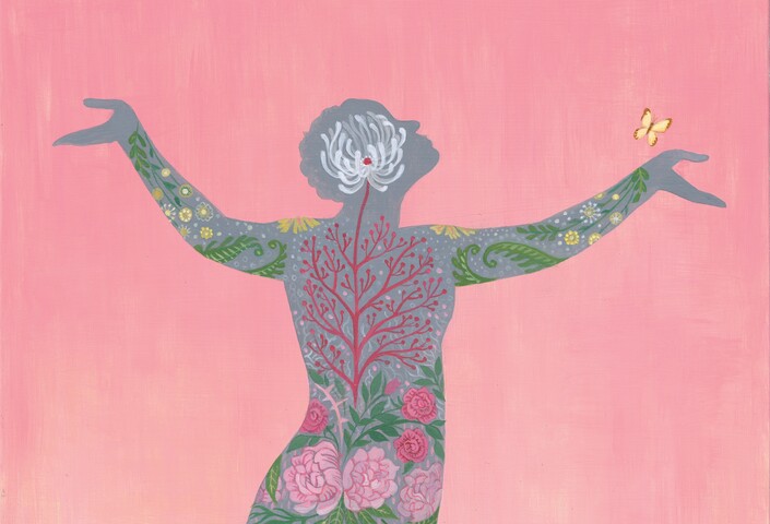 Illustration of a human being made of flowers, arms outstretched