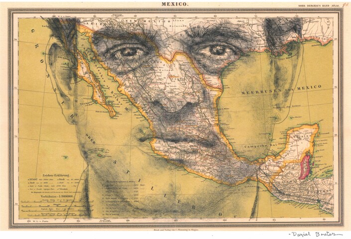 A 19th century map of Mexico, superimposed over Emilio Kouri's face