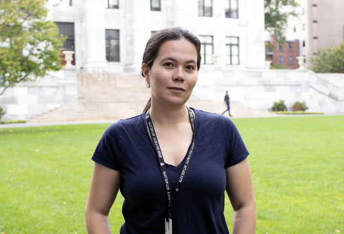 Silvia Cañas-Duarte standing outside of the Harvard Medical School