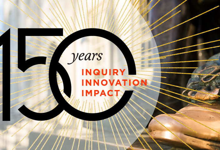 GSAS 150th History Banner - GSAS 150th logo next to foot of John Harvard Statue