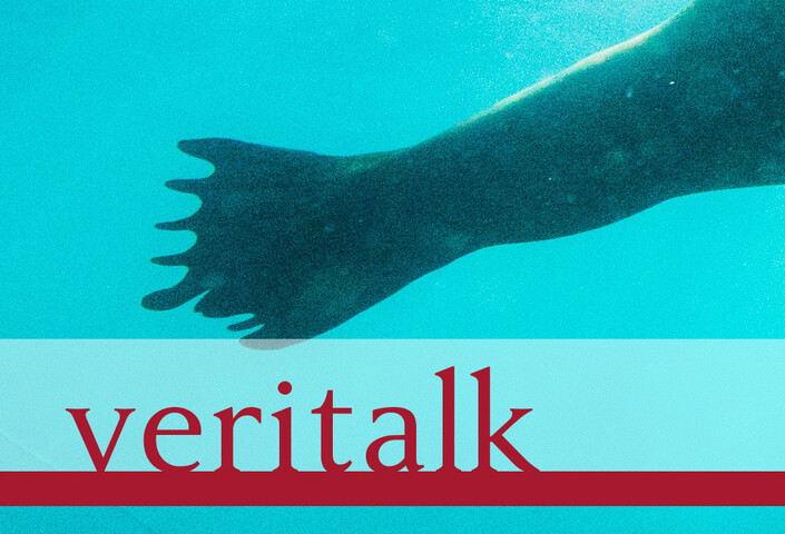 A human-like tail of a seal floats in murky blue-green water. The word "Veritalk" appears in crimson.