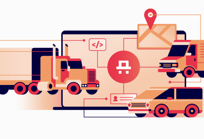 Illustration of trucks in front of a laptop