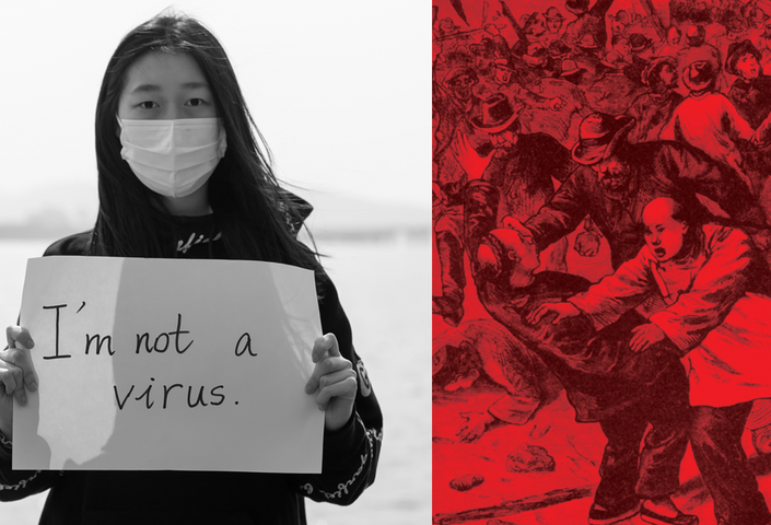 Woman holding sign that says "I am not a virus" next to red war illustration