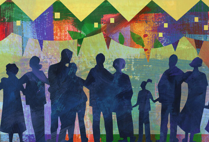Illustration of families and groups of people talking about houses