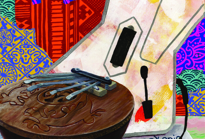 Illustration of a several musical instruments, including a Guitar Hero guitar