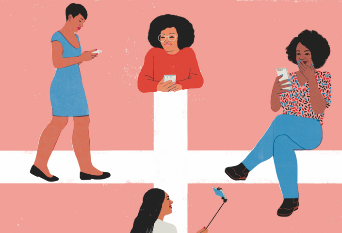 Four women of color at different ends of a cross use smart phones