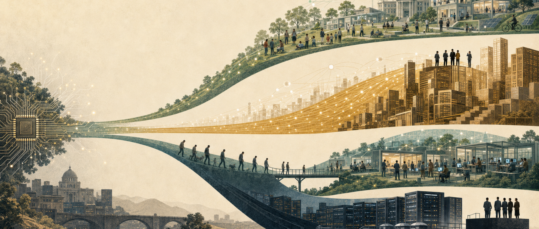 A conceptual illustration showing one technological “current” branching into four paths: broadly shared prosperity, unequal gains, temporary worker displacement, and concentrated wealth/permanent job loss.