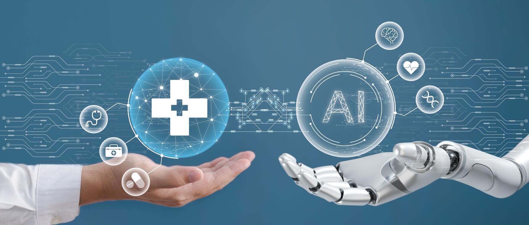 hand holding a medical sign bubble next to a robot hand holding an AI bubble