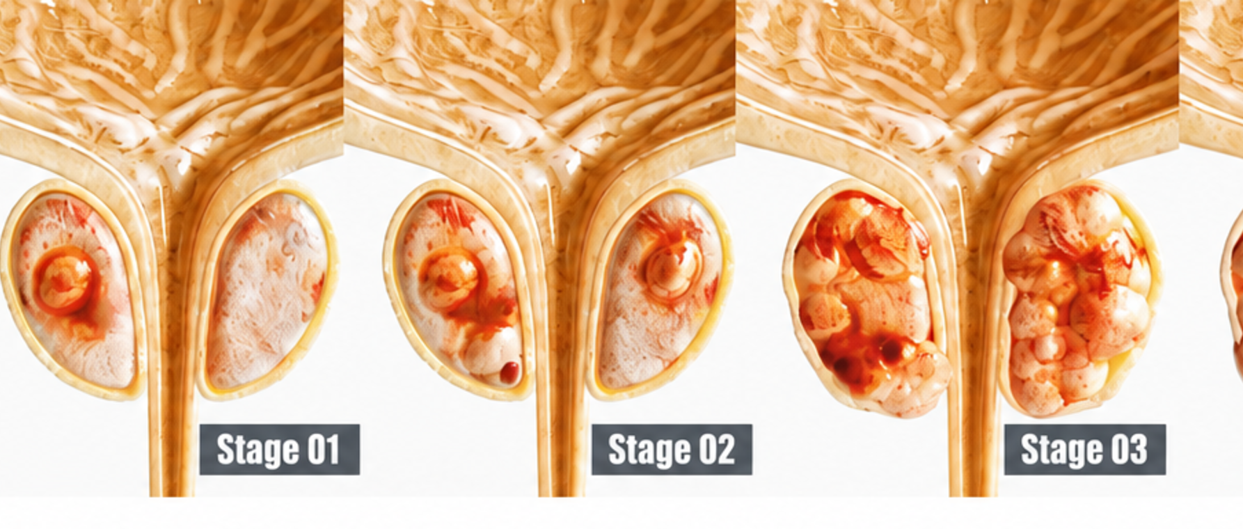 Prostate cancer all 4 stages - detailed close-up - High quality 3d Rendering