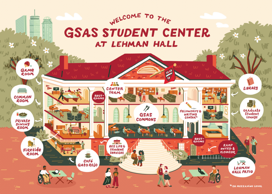 Illustration of GSAS Student Center at Lehman Hall showing its various rooms