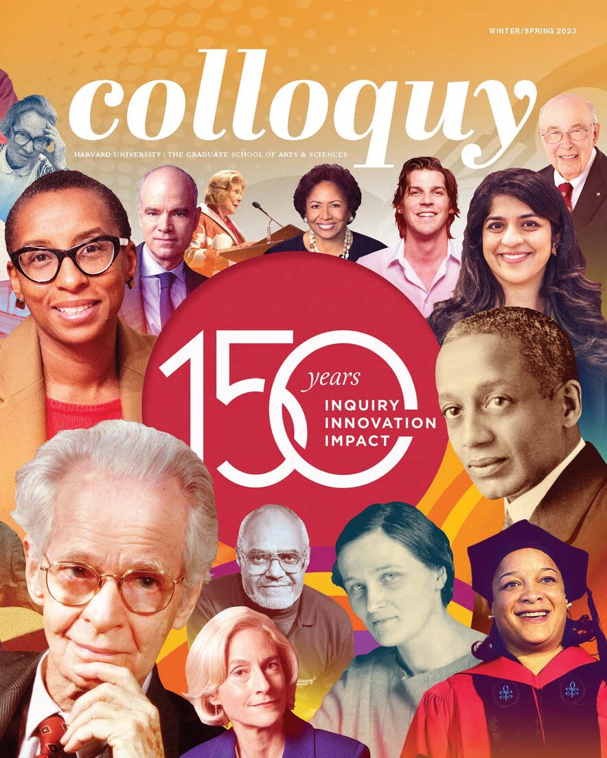 Cover of Winter/Spring 2023 Colloquy: 150th branding logo over collage of various GSAS alumni