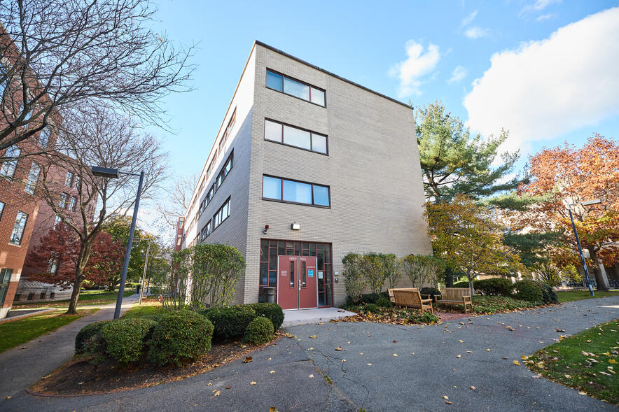 Child Hall surrounded by trees in autumn