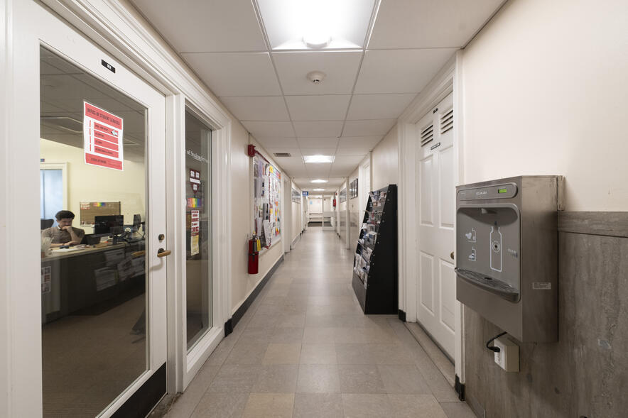 Hallway with a water fountain to refill a water bottle