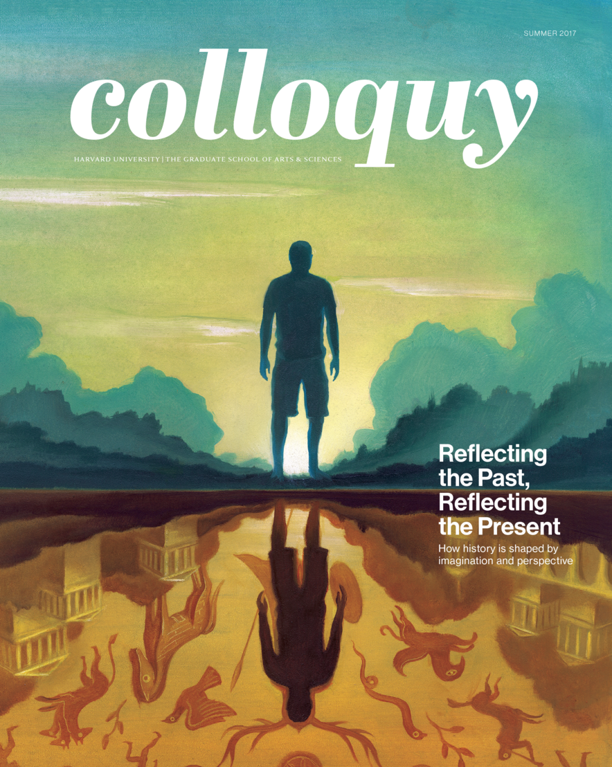 Cover of Colloquy Issue, Summer 2017. A silhouetted figure is reflected in a pool, where he is surrounded by symbols from ancient myth.