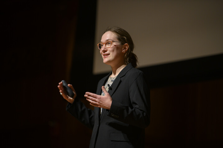 PhD student Lydia Krasilnikova presents her research at the Harvard Horizons Symposium on April 11, 2023.