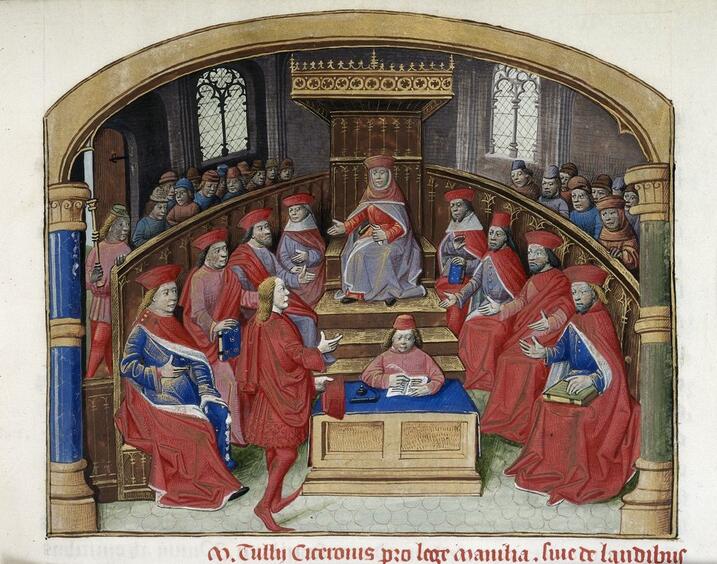 Detail of a miniature of a judge and a medieval court in session