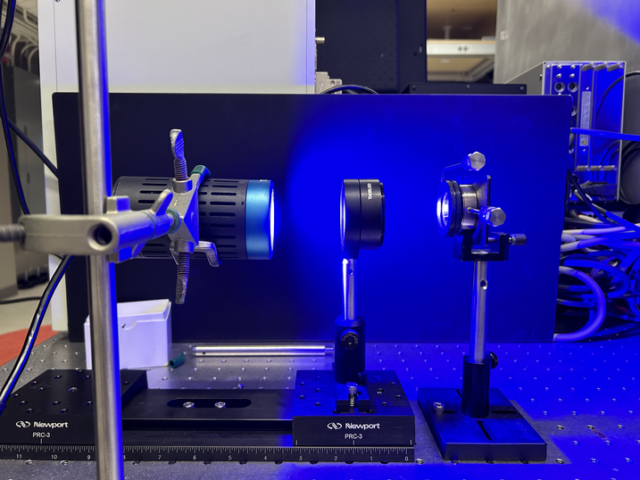 A blue LED light irradiates an infrared spectroscopy cell containing Campbell’s silver 2+ photocatalyst and trifluoroacetate