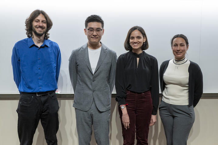 The four winners lined up, from left to right, Chari, Zhao, Joshi, Simon