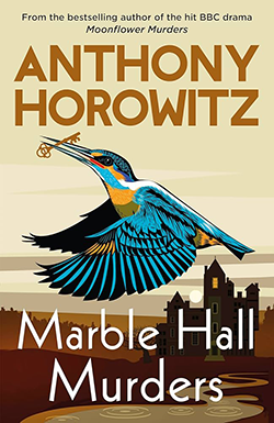 Marble Hall Murders book cover, with bird flying from school holding a key in beak