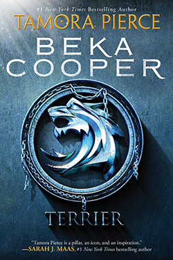 Terrier book cover with silver emblem of a dog