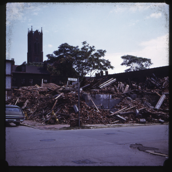 Avery College building debris pile at the corner of Nash and Avery Streets circa 1971.