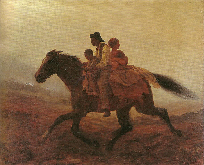 illustration of person on horse with woman and baby