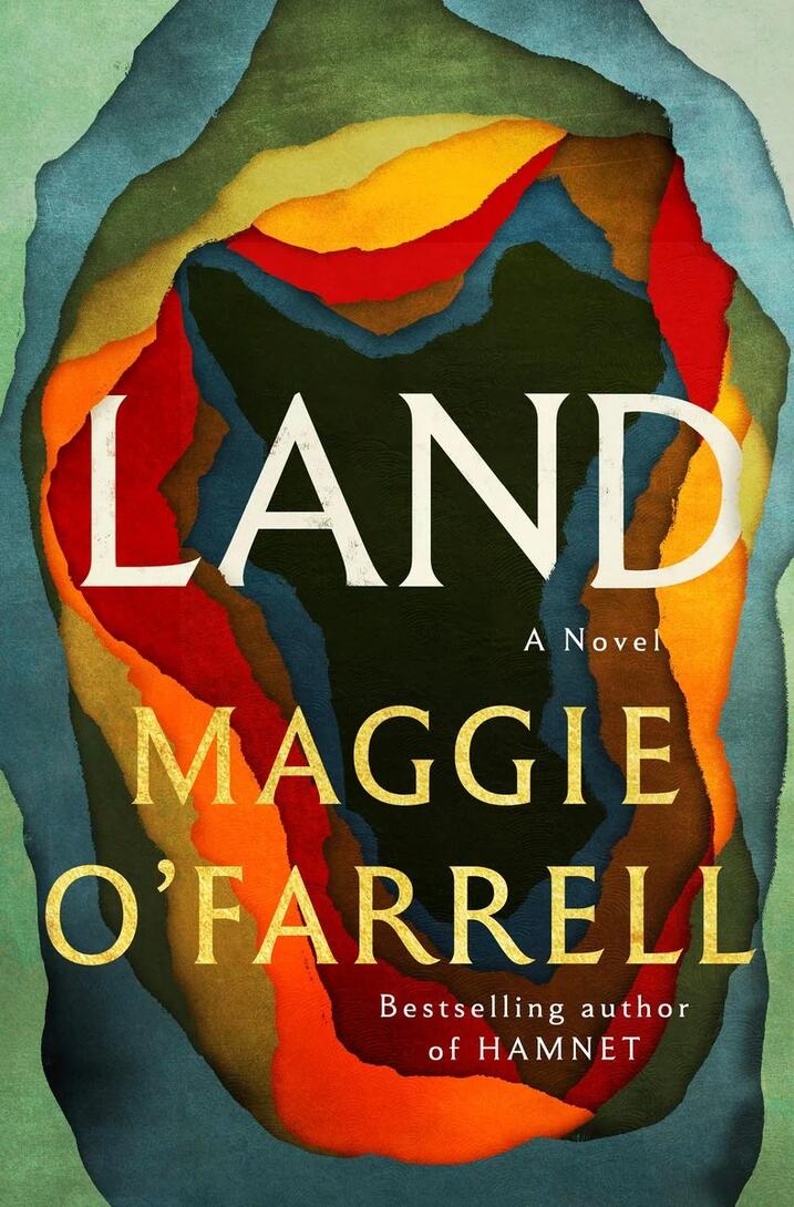 book cover for Land, with abstract swirls of colors