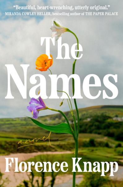 book cover for The Names, with an orange an pink flower in foreground and landscape in background