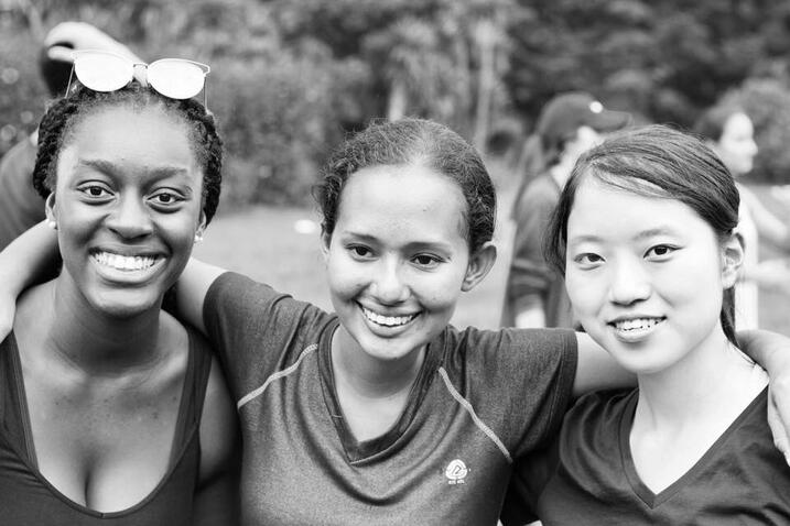 Roka with two friends; black and white photo