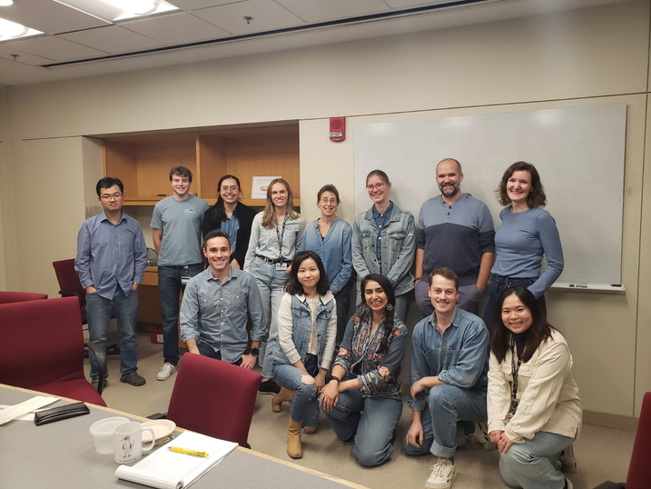 Apolonia and her labmates dressed in all denim in their classroom