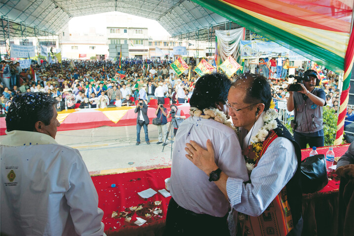 Kim with Bolivian President—and World Bank skeptic—Evo Morales