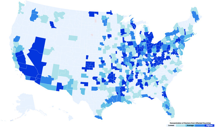 Map of the United States showing counties where there is a high prevalence of immigrant doctors