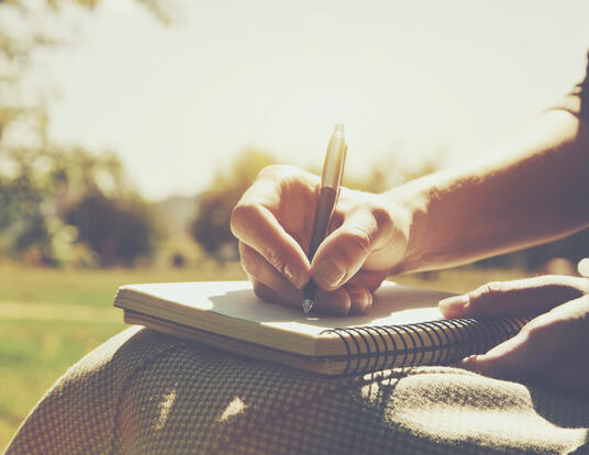 Women's hand writing in a notebook; sunshine in the background