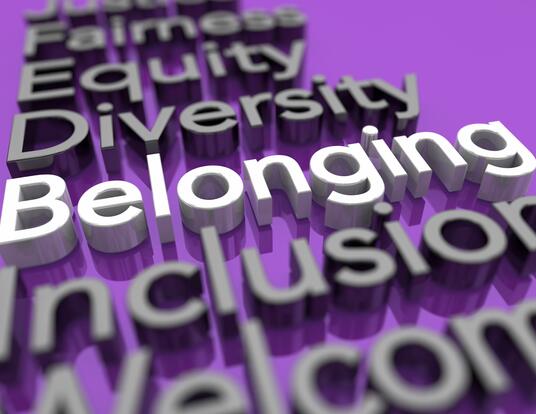 Equity, Diversity, Inclusion, and Belonging white letters over purple background