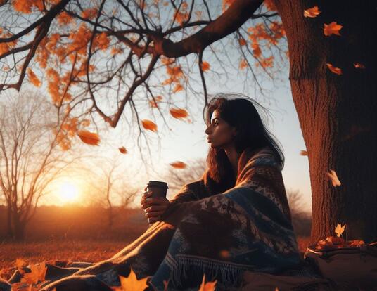 Women sitting against tree holding coffee with autumn skies in the background and fall foliage