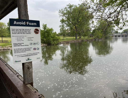 Sign to avoid foam containing PFAS on Huron River