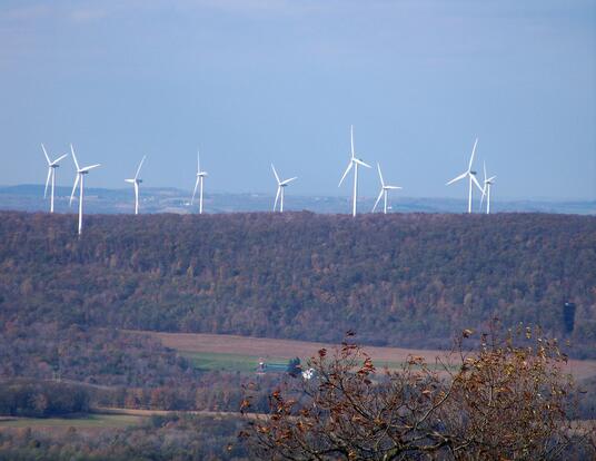  View of some ridgetop wind power turbines from the summit of Blue Knob