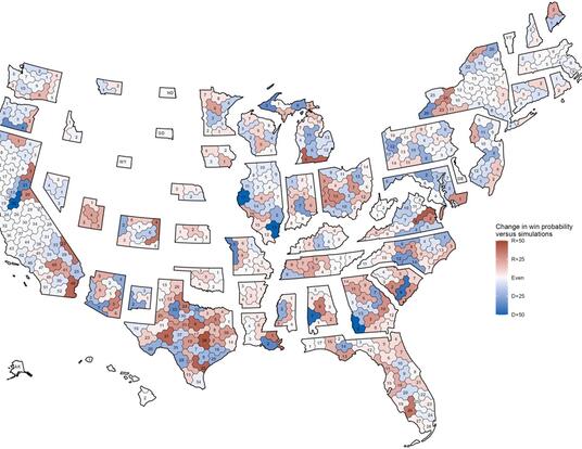 A map of congressional districts from an ALARM project evaluating partisan gerrymandering. 