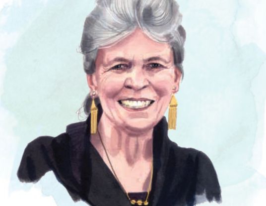 Illustration of Joan Steitz with blue painted background