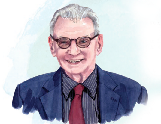 Illustration of Martin Duberman with blue painted background