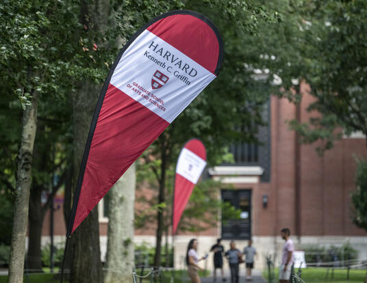 Teardrop signs with Harvard Griffin GSAS branding