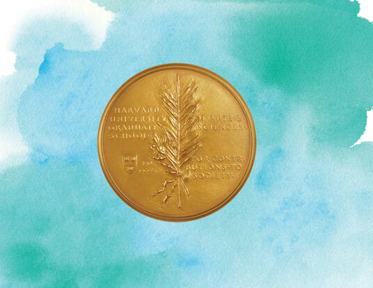 Centennial Medal over blue-green water color background