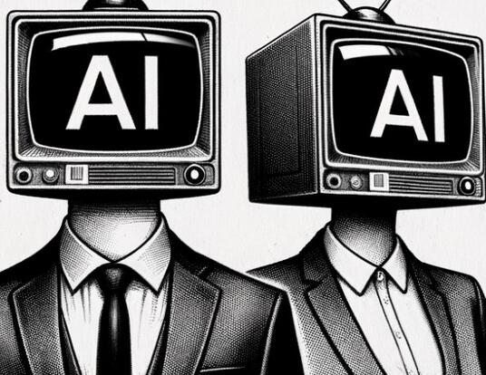 Illustration of two business people with televisions as heads that say, "AI"