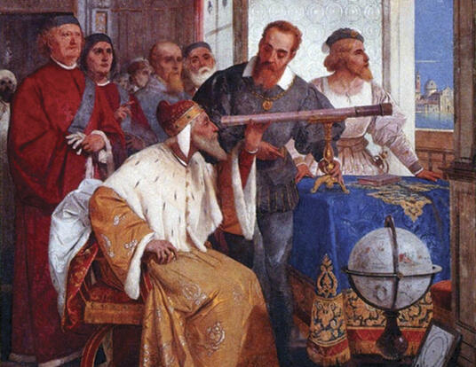 Galileo showing the doge of Venice how to use a telescope