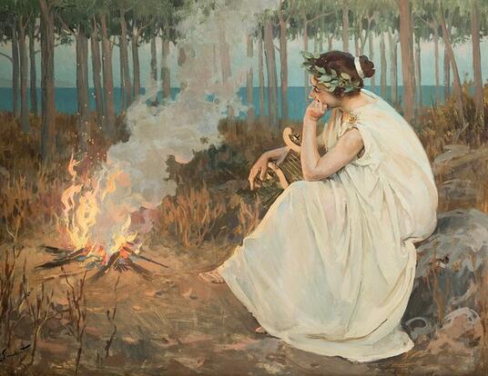 A 19th-century painting by Eduard Simonet, of Sappho staring at a fire, holding her lyre and wearing the laurel wreath that marks her status as a poet.