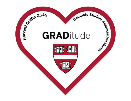 Graduation Student Appreciation Month Logo; heart around GRADitude with GSAS shield