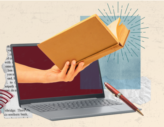 Illustration of a hand holding a book and emerging from a laptop computer screen