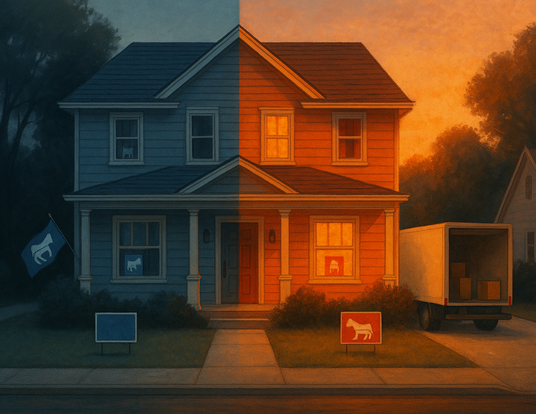 House with half blue and half red overlay